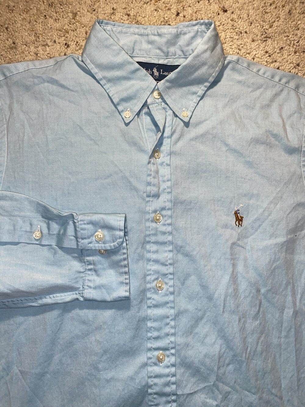 Polo Ralph Lauren Mens 16 32/33 Blue Custom Fit Cotton Button Up Down Shirt Pony